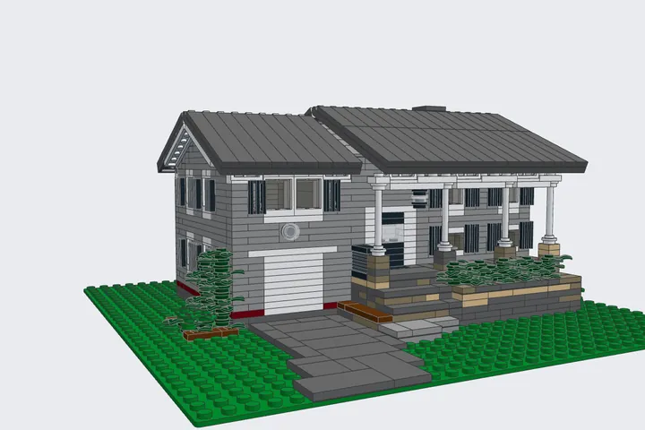 Brick model of the split-level house, from the same angle as the photo