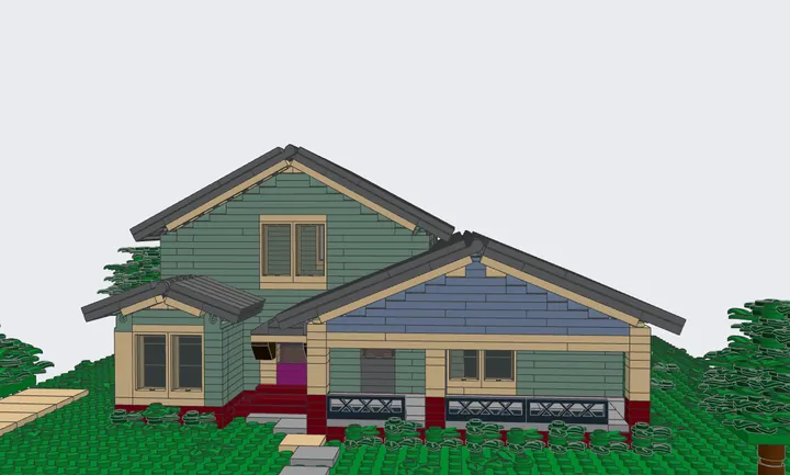 Brick model of the craftsman bungalow, from the same spot as the photo