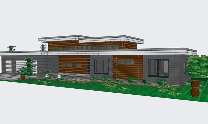 Brick model of the modern house, from the same angle as the photo